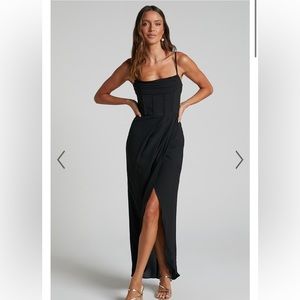 formal black long/midi dress with corset bust